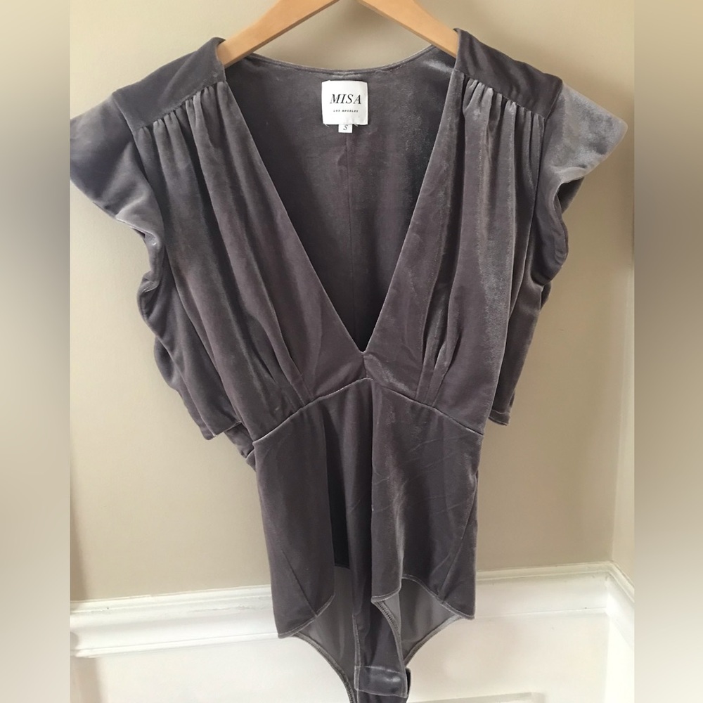 Misa Los Angeles Velvet V-neck Silver Bodysuit Medium